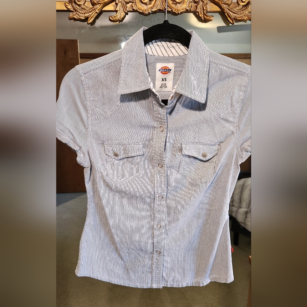 Dickies Xsmall blue and white strips. Snap up short sleeve